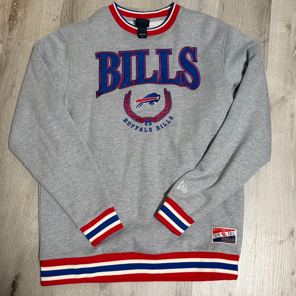 New Era Gray Buffalo Bills Sweatshirt with Red and Blue Embroidered Accents